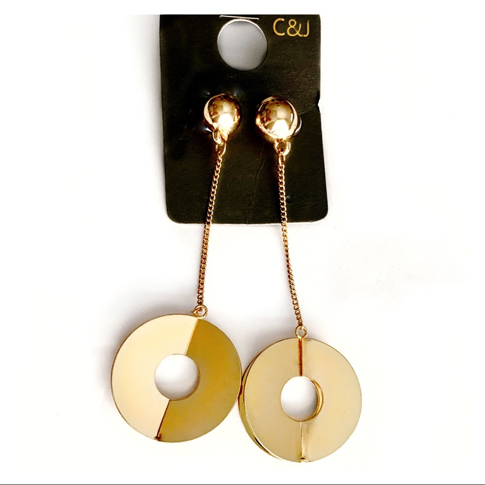 🆕 C&J Long Gold Abstract Floating Disc Drop Dangle Earrings - Picture 2 of 4